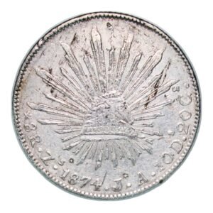 Moneda 8 Reales de Plata  1874 Zs JA (.903) Zacatecas 27g (Chopmarked - Resellos Orientales)
