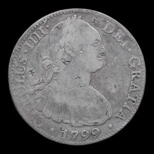 México – 8 Reales – 1799 Mo F.M. – “Carlos IV” – Plata (.903) – 26,55 g – Chopmarked (Resellos Orientales)