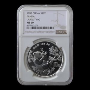 Panda 1995– 1 Onza Plata .999 – 10 Yuan China ( Fecha Grande ,Rama Larga) NGC MS69