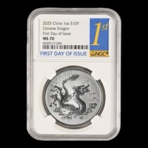 10 Yuan Dragón  China 2025 - 1 Oz  de Plata .999 BU NGC MS70