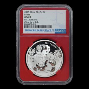 Panda 2025 – Moneda 10 Yuan China – 1 Onza de Plata .999 – ( BICE & Coin Expo Show Release) - NGC MS70
