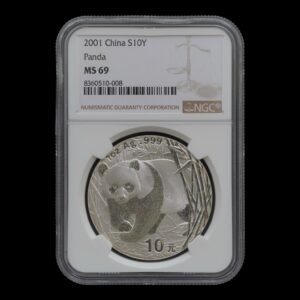 Panda 2001 – Moneda 10 Yuan China – 1 Onza de Plata .999 – NGC MS69