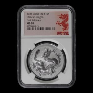 China - 10 Yuan Dragón 2025 - 1 Oz  de Plata .999 BU NGC MS70 ( First Releases)