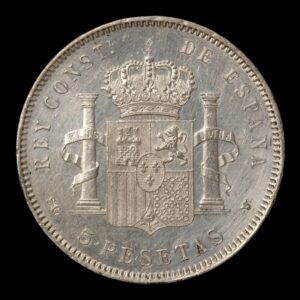 Alternative view of España – 5 Pesetas ‘Alfonso XIII’ – 1898 *98 S.G.V. – Plata .900 – 25 Gr.
