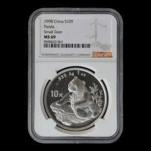 Panda 1998 – Moneda 10 Yuan China – 1 Onza de Plata .999 (Fecha Pequeña ) - NGC MS69