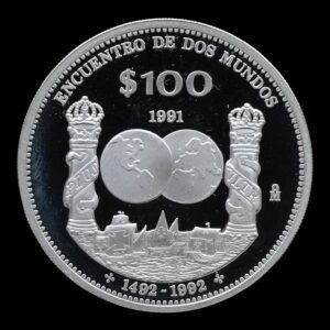 México – Moneda 100 Pesos Columnario ‘Encuentro entre Dos Mundos’ – 1992 – 27 g de Plata .925
