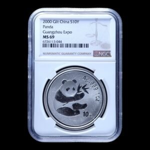 Panda 2000 – 1 Onza Plata .999 Conmemorativa 10 Yuan China – “Guangzhou Stamp and Coin Exposition” – NGC MS69