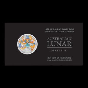 Alternative view of Australia – 1 Dollar – 2024 – “Año del Dragón (Lunar Series III / Melbourne Money Expo ANDA Special)” – 1/4 Onza de Plata .9999 – Coloreada – En Blíster