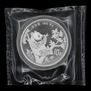 Panda 1995 – Moneda 10 Yuan China – 1 Onza de Plata .999 ( Fecha Pequeña Rama Corta) - Sellada