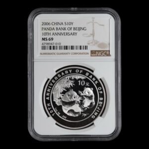Panda 2006 – Moneda 10 Yuan China – 1 Onza de Plata .999 (Conmemorativa 10º Aniversario Banco de Beijing) - NGC MS69