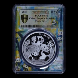Panda 2025 – 30 g Plata .999 – 10 Yuan China – PCGS MS70 (First Day of Issue)