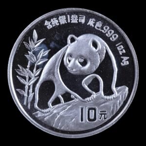 Panda 1990 – Moneda 10 Yuan China – 1 Onza de Plata .999 (Fecha Pequeña) - MANCHAS