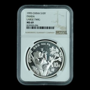 Panda 1995– 1 Onza Plata .999 – 10 Yuan China ( Fecha Grande ,Rama Larga) NGC MS69