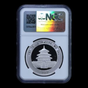 Alternative view of Panda 2000 – Moneda 10 Yuan China – 1 Onza de Plata .999 – NGC MS69 (Frosted Ring)