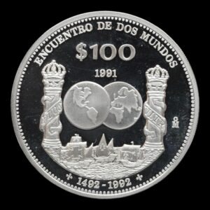 México – Moneda 100 Pesos Columnario ‘Encuentro entre Dos Mundos’ – 1992 – 27 g de Plata .925