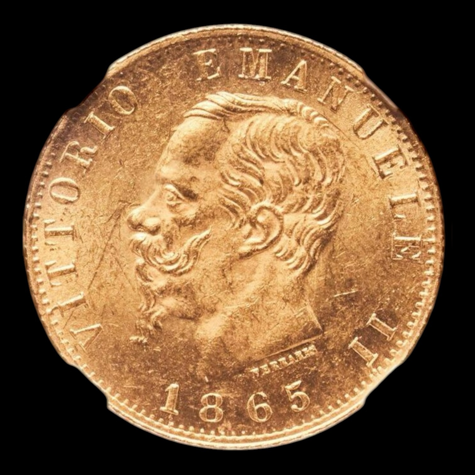 Italia – 20 Lire de Oro – 1865 T BN – “Vittorio Emanuele II” – 6,45 g (.900) – NGC MS62 - Imagen 3