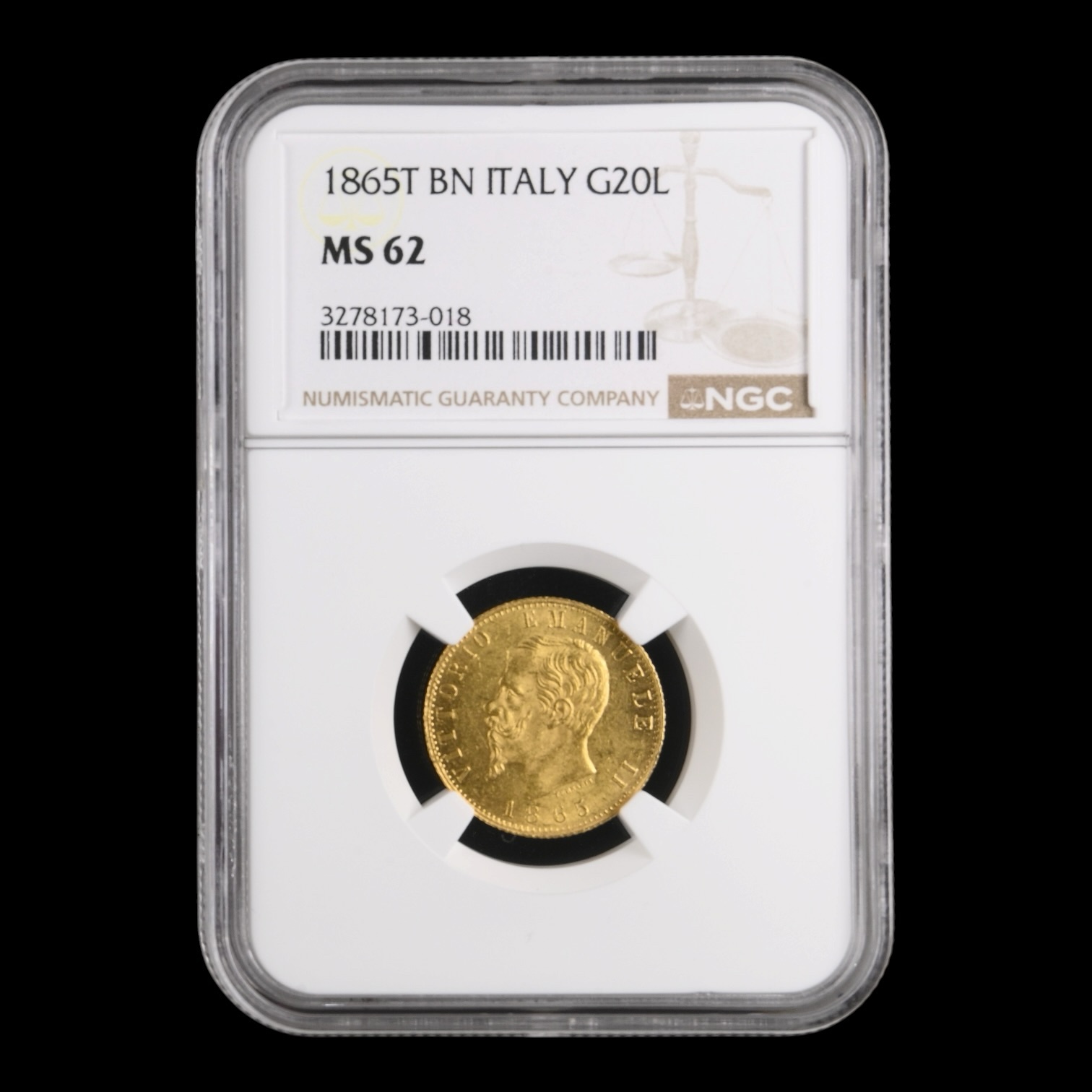 Italia – 20 Lire de Oro – 1865 T BN – “Vittorio Emanuele II” – 6,45 g (.900) – NGC MS62