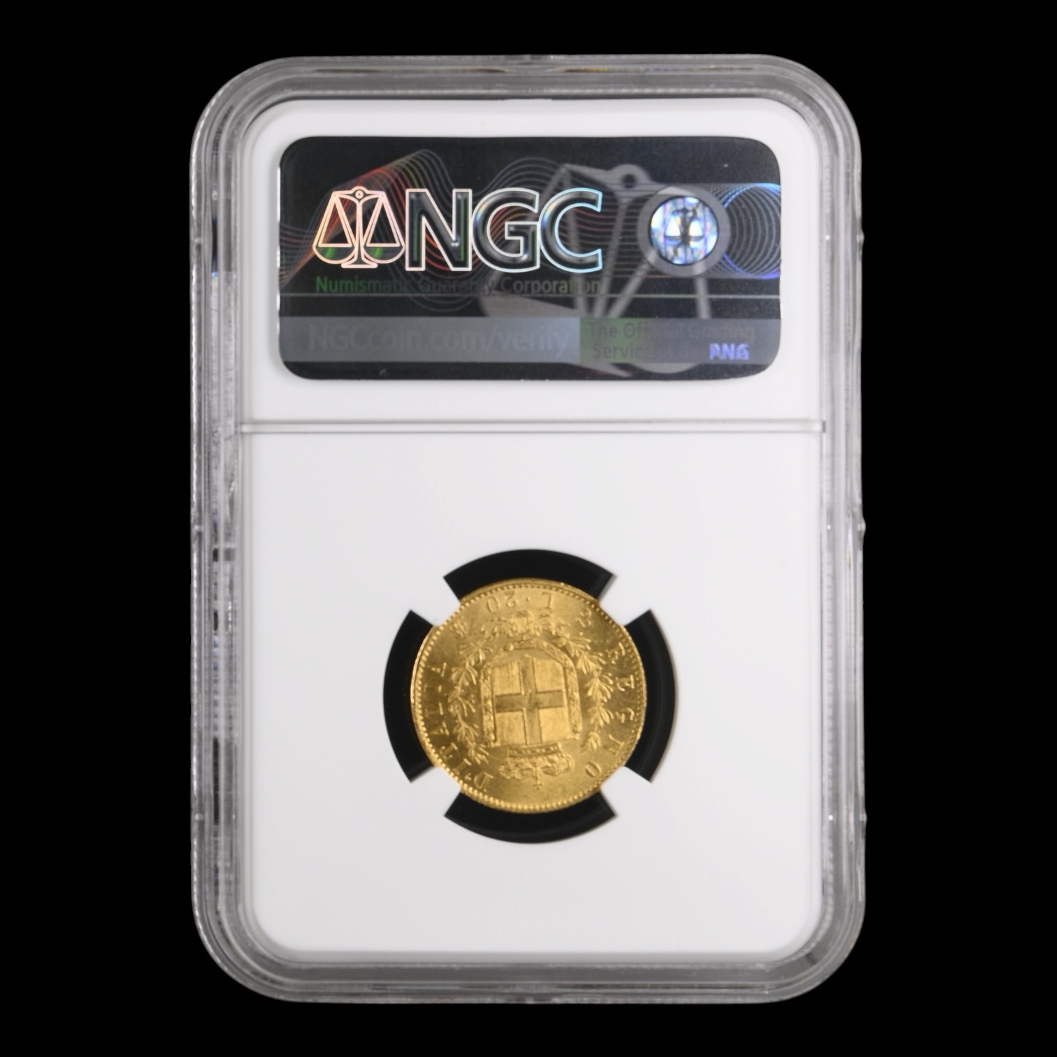 Italia – 20 Lire de Oro – 1865 T BN – “Vittorio Emanuele II” – 6,45 g (.900) – NGC MS62 - Imagen 2