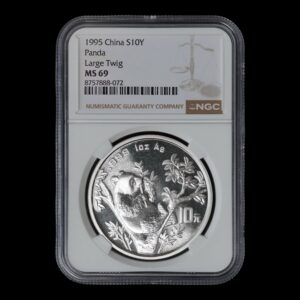 Panda 1995– 1 Onza Plata .999 – 10 Yuan China ( Fecha Grande ,Rama Larga) NGC MS69