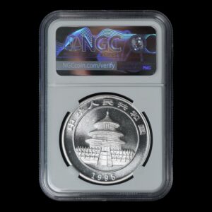 Alternative view of Panda 1995– 1 Onza Plata .999 – 10 Yuan China ( Fecha Grande ,Rama Larga) NGC MS69