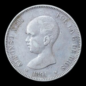 Moneda 5 Pesetas  Alfonso XIII 1891 *90 P.M.G-  (Duro de Plata) 24,89 Gr.