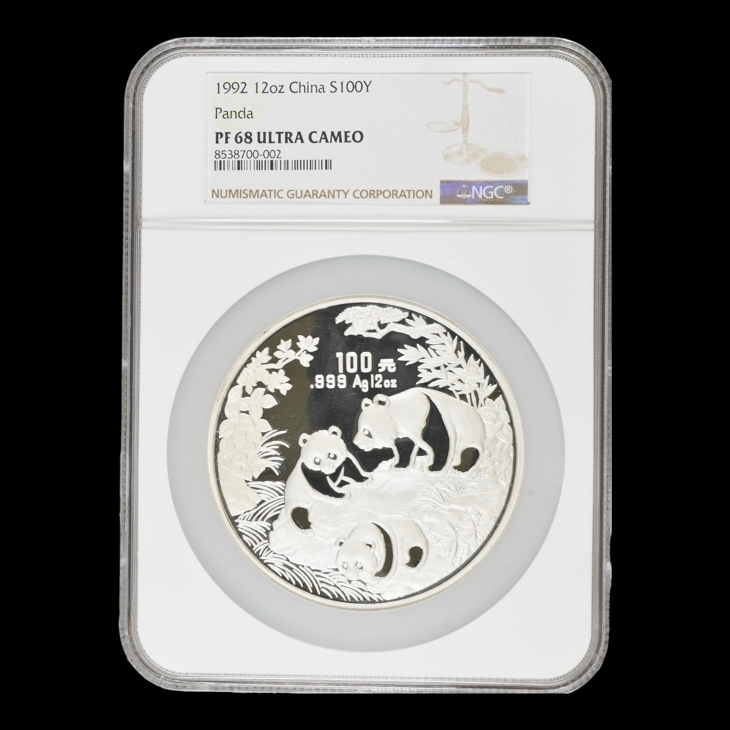 !RARA! China – 100 Yuan – 1992 – “Panda” – 12 oz de Plata .999 – NGC PF68 Ultra Cameo
