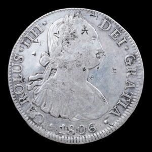 México – 8 Reales de Plata “Carlos IV” – 1806 Mo T.H. – 26,72 g (.903) - Con Resellos