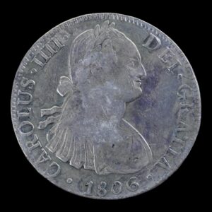 México – 8 Reales de Plata “Carlos IV” – 1806 Mo T.H. – 26,59 g (.903) - Con Resellos