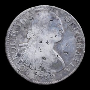 México – 8 Reales de Plata “Carlos IV” – 1799 Mo F.M.– 26,69 g (.903) - Con Resellos