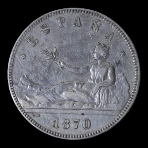 España – 5 Pesetas – 1870 (18-70) SN M – Gobierno Provisional – Duro de Plata (.900) – 24,88 g