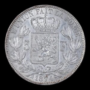 Alternative view of 5 Francs - Léopold II-  Belgica 1874 ( Duro de Plata) 24,91 Gr.