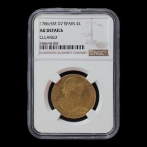 España – 4 Escudos de Oro – 1786/5 Madrid D.V.– Carlos III – NGC AU Details (Cleaned)