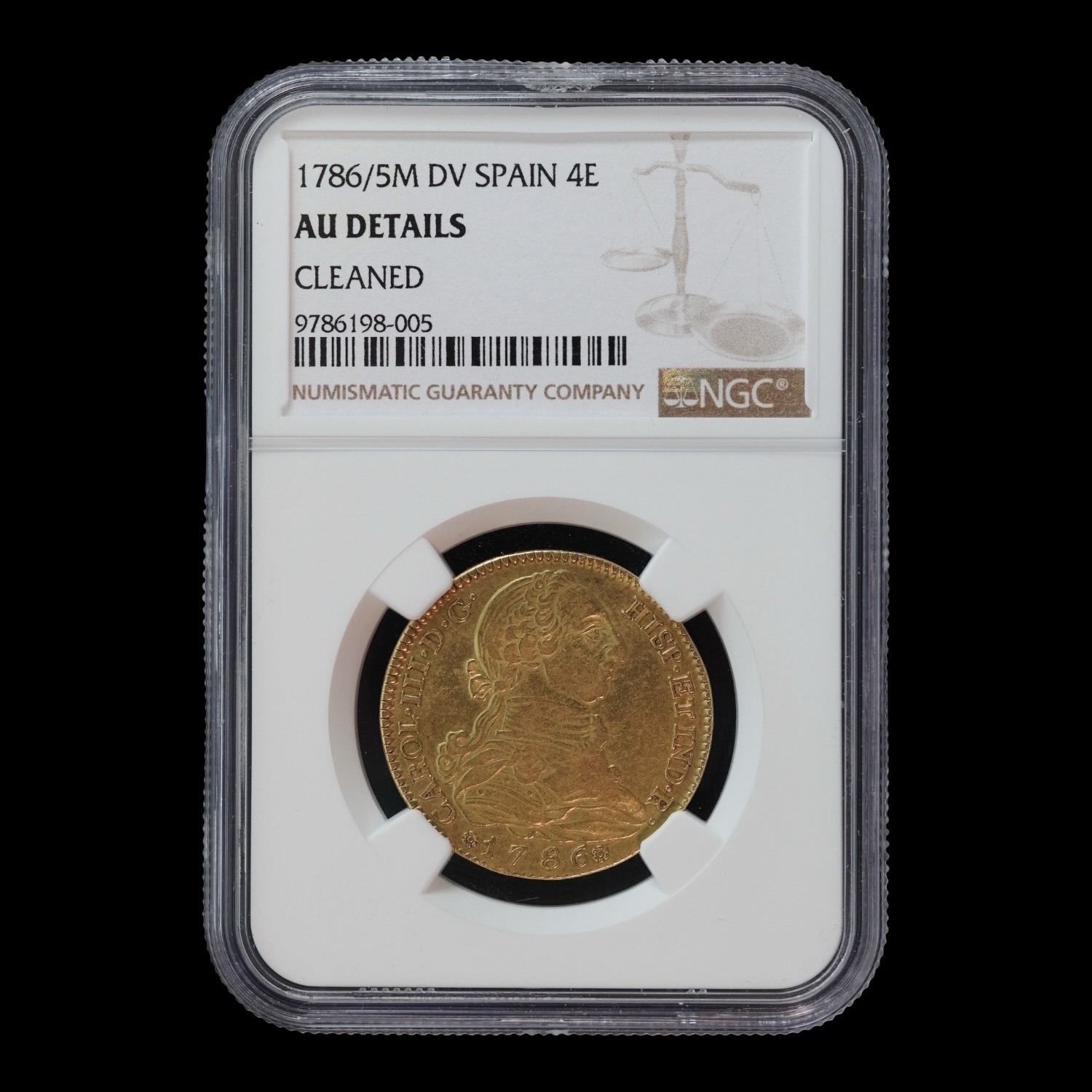 España – 4 Escudos de Oro – 1786/5 Madrid D.V.– Carlos III – NGC AU Details (Cleaned)