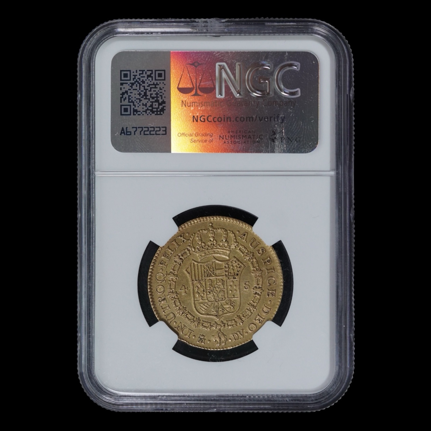 España – 4 Escudos de Oro – 1786/5 Madrid D.V.– Carlos III – NGC AU Details (Cleaned) - Imagen 2