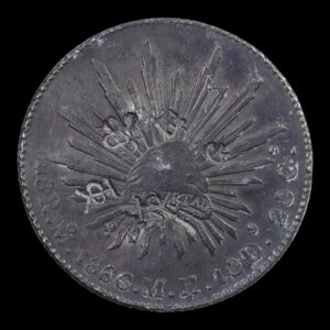 México – 8 Reales de Plata – 1886 Mo M.H. – Casa de Moneda de México – Chopmarked / Resellos – 27,00 g (.903)