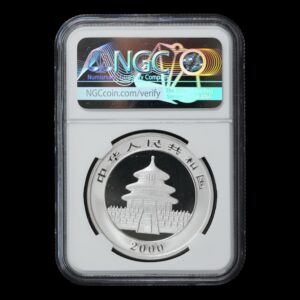 Alternative view of Panda 2000 – Moneda 10 Yuan China – 1 Onza de Plata .999 – NGC MS69 (Frosted Ring)