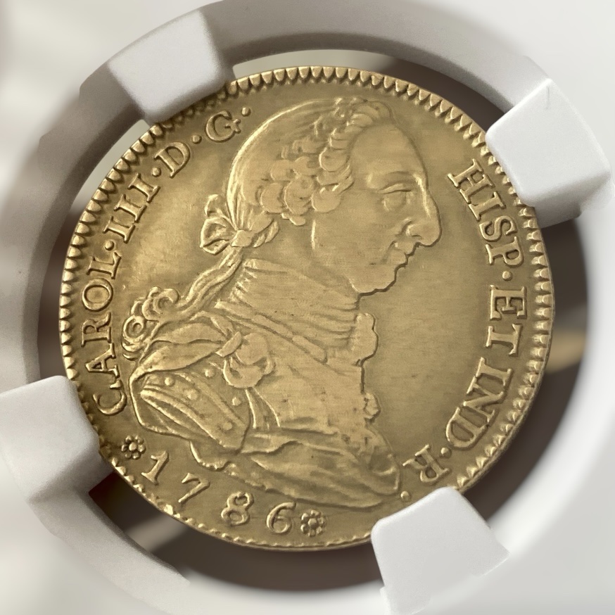 España – 4 Escudos de Oro – 1786/5 Madrid D.V.– Carlos III – NGC AU Details (Cleaned) - Imagen 3