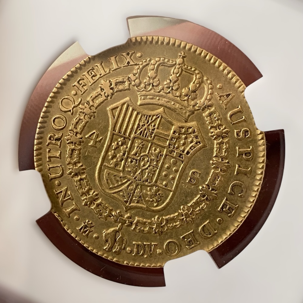 España – 4 Escudos de Oro – 1786/5 Madrid D.V.– Carlos III – NGC AU Details (Cleaned) - Imagen 4