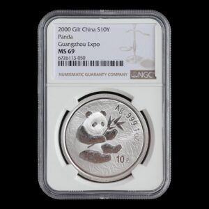 Panda 2000 – 1 Onza Plata .999 Conmemorativa 10 Yuan China – “Guangzhou Stamp and Coin Exposition” – NGC MS69