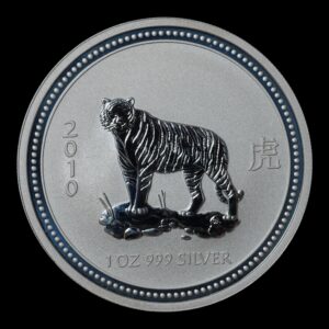 RARA - Australia – 1 Onza de Plata .999 ‘Año del Tigre – 2007/2010 – Serie Lunar I – The Perth Mint (Manchas)