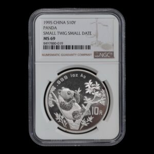 Panda 1995– 1 Onza Plata .999 – 10 Yuan China ( Rama Corta , Microfecha) NGC MS69