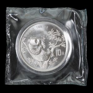 Panda 1995 – Moneda 10 Yuan China – 1 Onza de Plata .999 ( Fecha Grande - Rama Corta) - Sellada