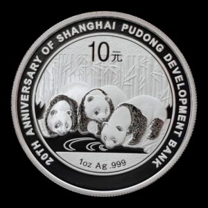 Panda 2013  – Moneda Conmemorativa China 10 Yuan – “20º Aniversario del Shanghai Pudong Development Bank” – 1 Onza de Plata .999