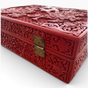Caja Joyero China de Laca Cinabrio Tallada con Decoración Floral – Mediados del Siglo XX - Imagen 5