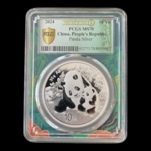 Panda 2024 – China 10 Yuan – 30 Gramos de Plata .999 – PCGS MS70 “First Day of Issue”