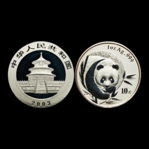 Panda 2003 – Moneda 10 Yuan China – 1 Onza de Plata .999 (Manchas)
