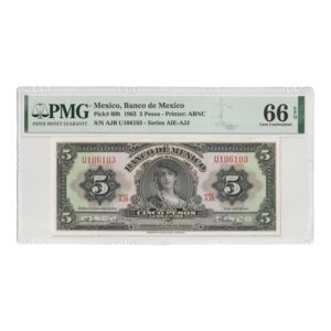 México – Billete 5 Pesos 1963 – Banco de México – Pick#60h – PMG 66 EPQ Gem Uncirculated