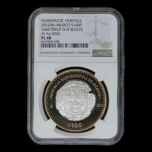 México – 100 Pesos – 2012 – “Herencia Numismática de México: 8 Reales de Felipe IV de 1660” – Plata y Anillo de Aluminio-Bronce – NGC PL68