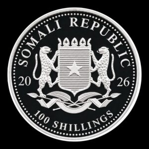 Alternative view of Somalia – 100 Shillings – 2026 – “Leopardo Africano” – 1 Onza de Plata .9999 – BU